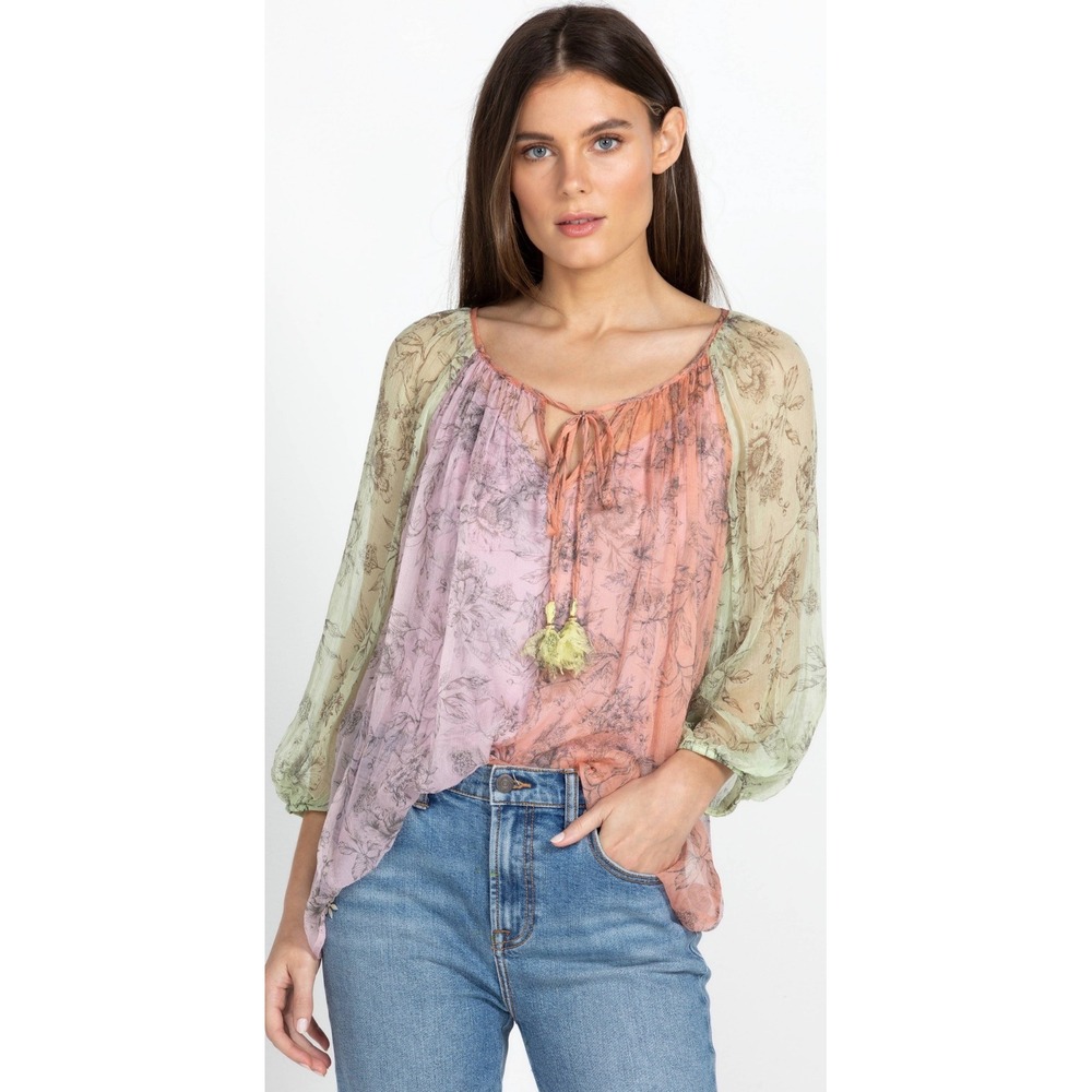 Johnny Was Serena Peasant Blouse Silk Floral Colorblock Tassel Ethereal Small